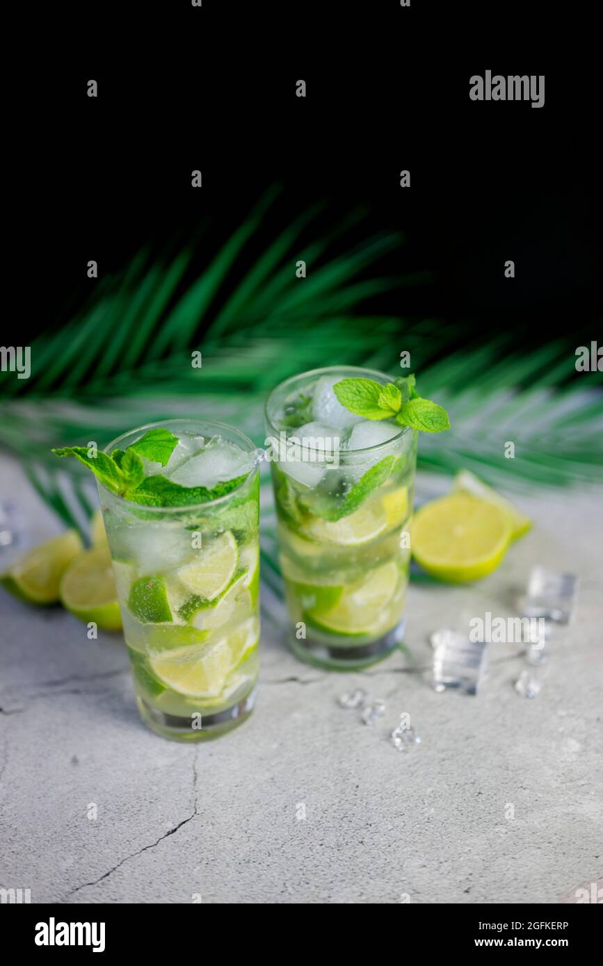 boisson alcoolisée cocktail mojito avec citron vert et menthe et feuille de palmier Banque D'Images