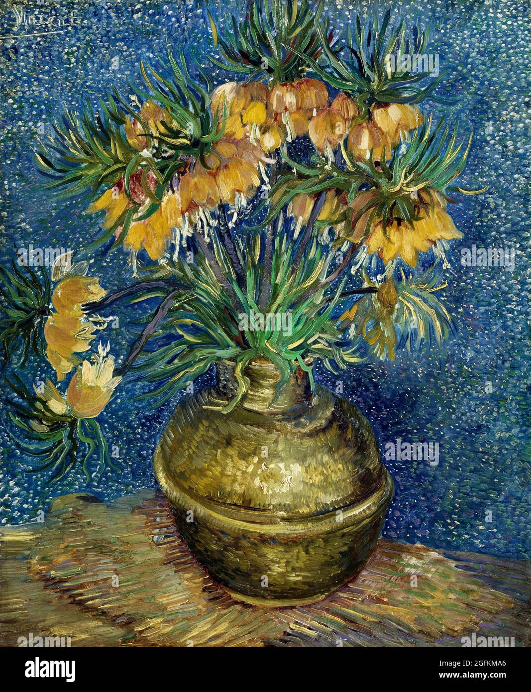 Vincent van Gogh – Fretillaris impériaux dans un vase en cuivre (1887) célèbre peinture STILL Life. Banque D'Images