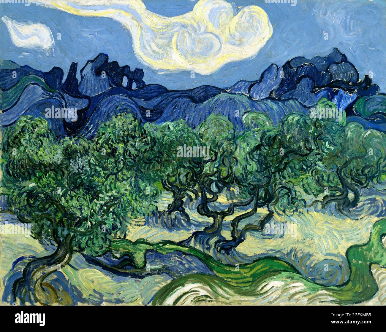 Vincent van Gogh – oliviers avec les Alpilles en arrière-plan (1889) célèbre peinture de paysage. Banque D'Images