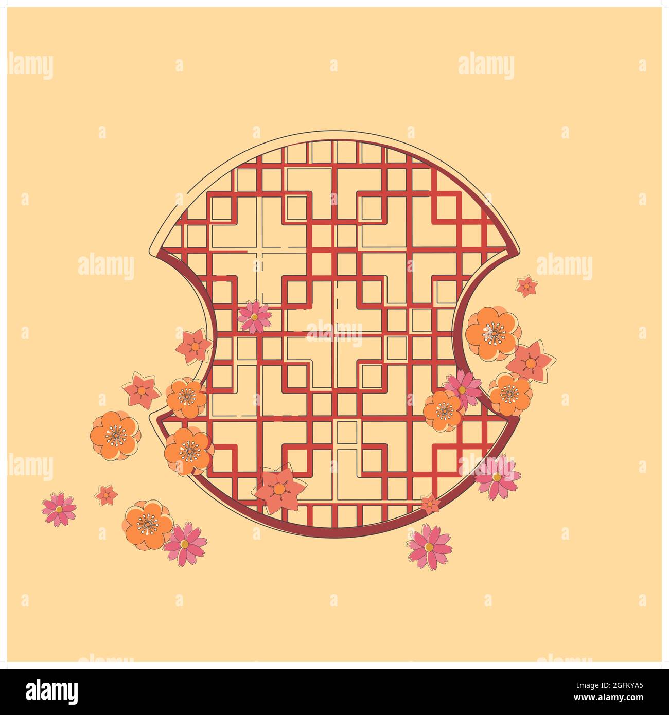 Fenêtre traditionnelle chinoise. Cadre rond en fleurs rouges. Dessin à la main d'une fenêtre de bkue chinoise aux couleurs de l'automne. Vecteur. Illustration pour carte, poster, Illustration de Vecteur