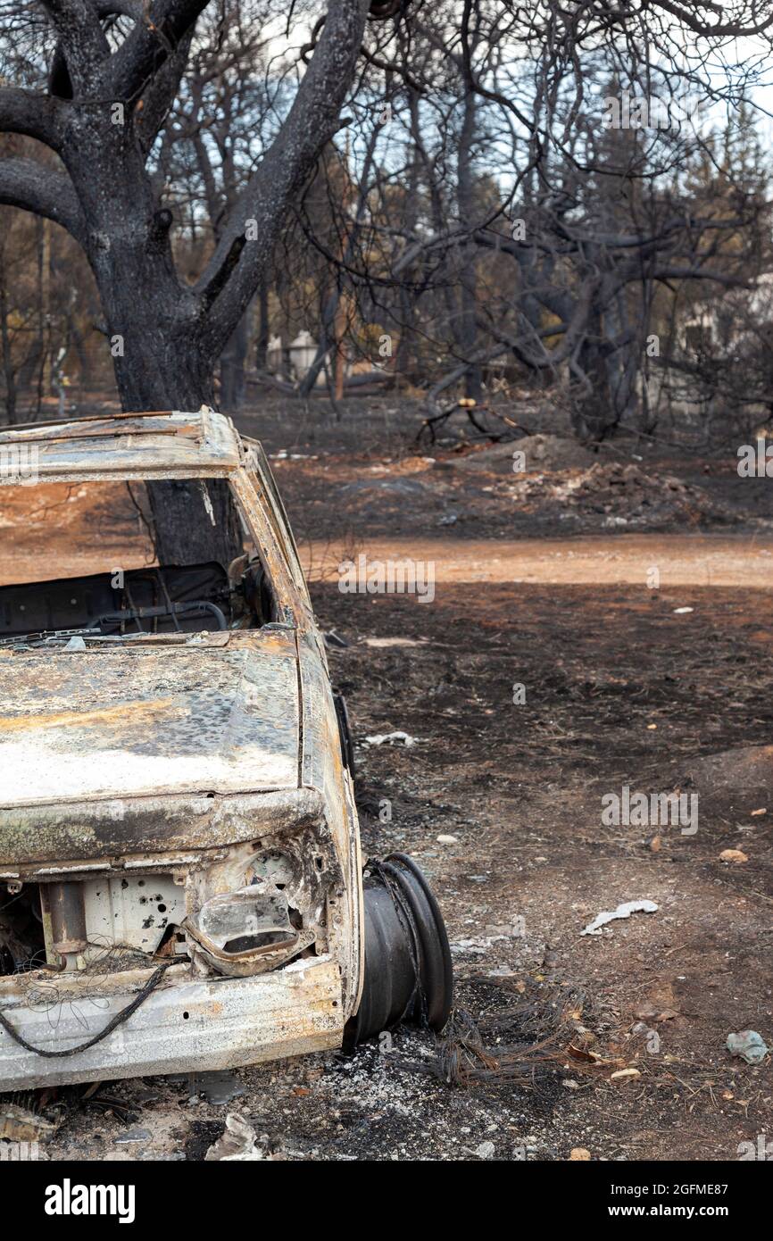 Voiture brûlée après les feux de brousse dévastateurs du mont Parnitha, dans la région d'Attica, en Grèce, en Europe, début août 2021. Banque D'Images