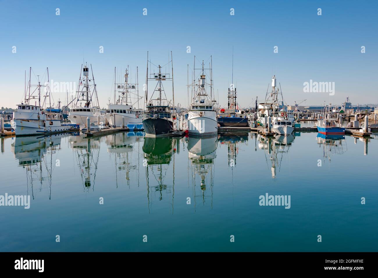 San Diego, CA - 18 novembre 2018 : des thoniers et des bateaux de pêche sportive dans le port de Tuna attendent une autre journée active sur l'océan Pacifique. Banque D'Images
