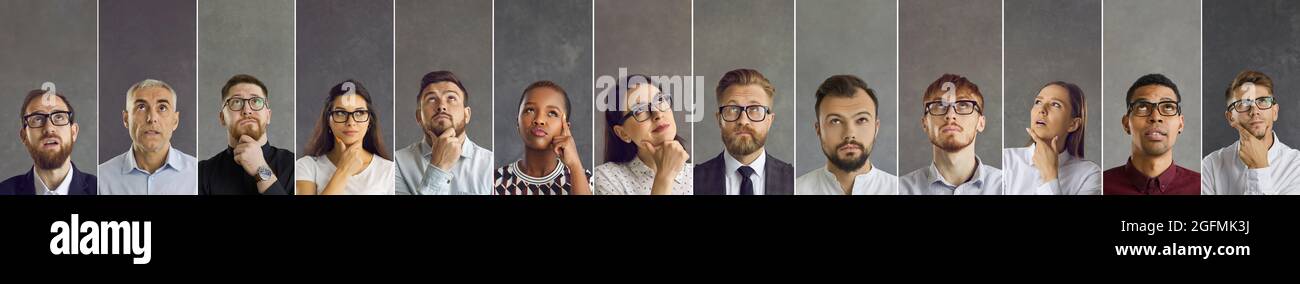 Bannière avec un collage de portraits de personnes confuses et diverses pensant et doutant Banque D'Images
