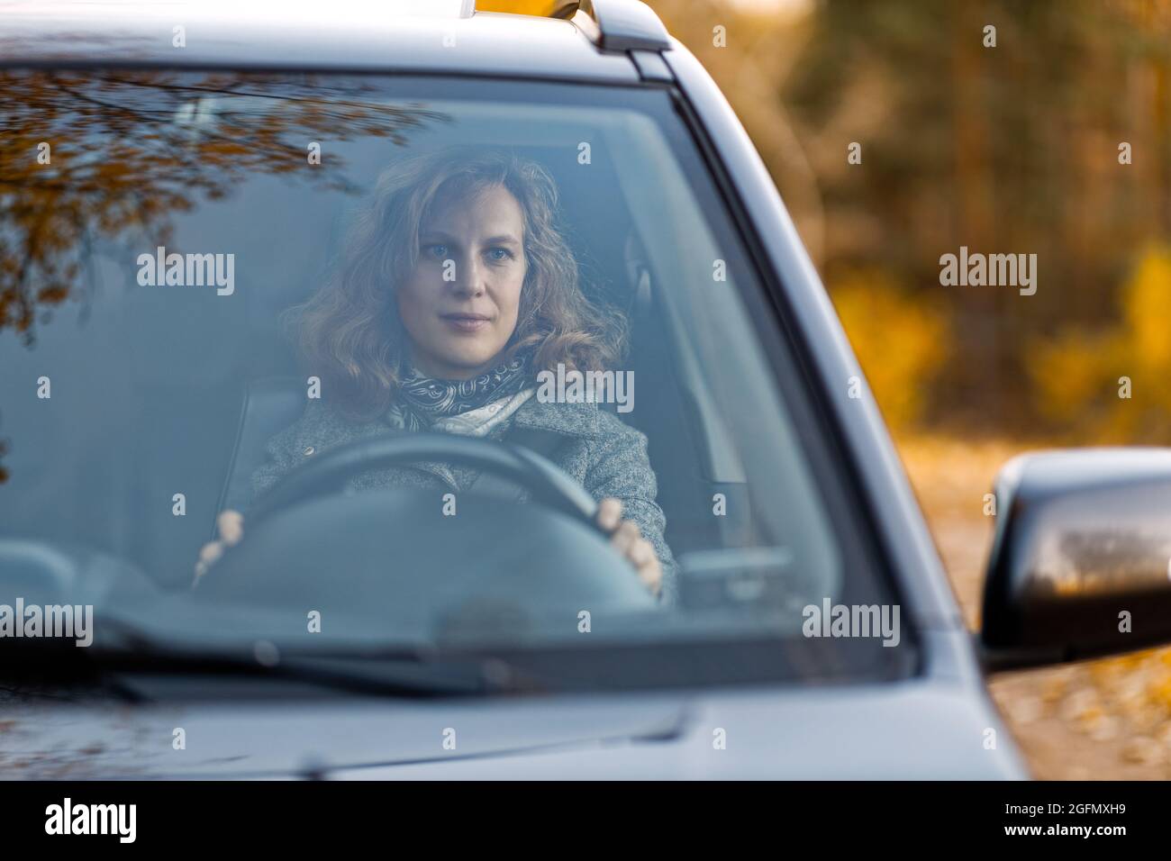 Portrait d'une femme assise derrière le volant d'une voiture sur un fond de forêt d'automne. Mise au point peu profonde. Banque D'Images Portrait d'une femme assise derrière le volant d'une voiture sur un fond de forêt d'automne. Mise au point peu profonde. Banque D'Images