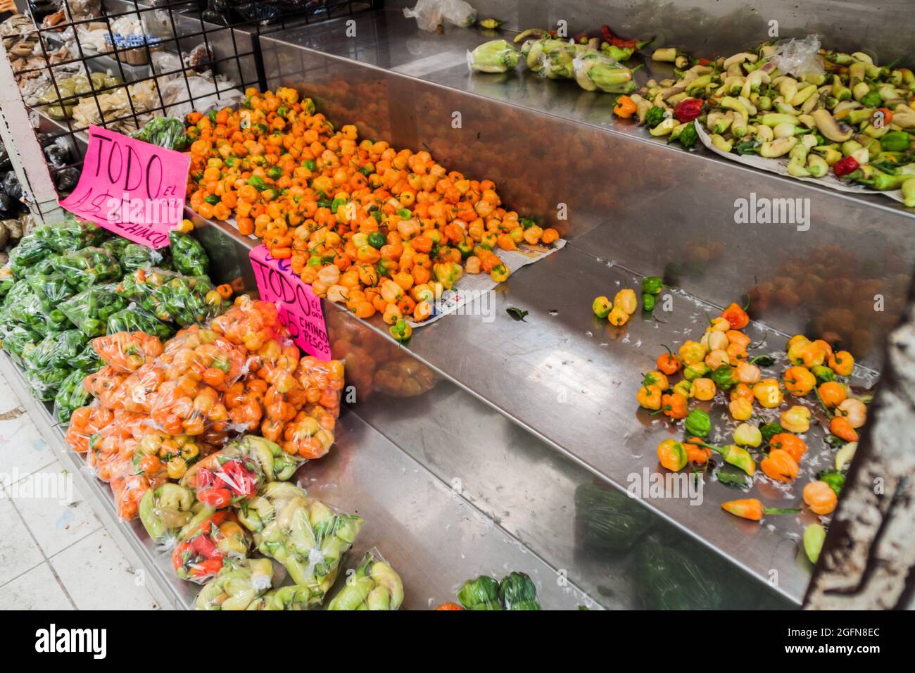 MERIDA, MEXIQUE - 27 FÉVR. 2016: Piments à vendre sur le marché municipal de Mercado Lucas de Galvez à Merida, Mexique Banque D'Images