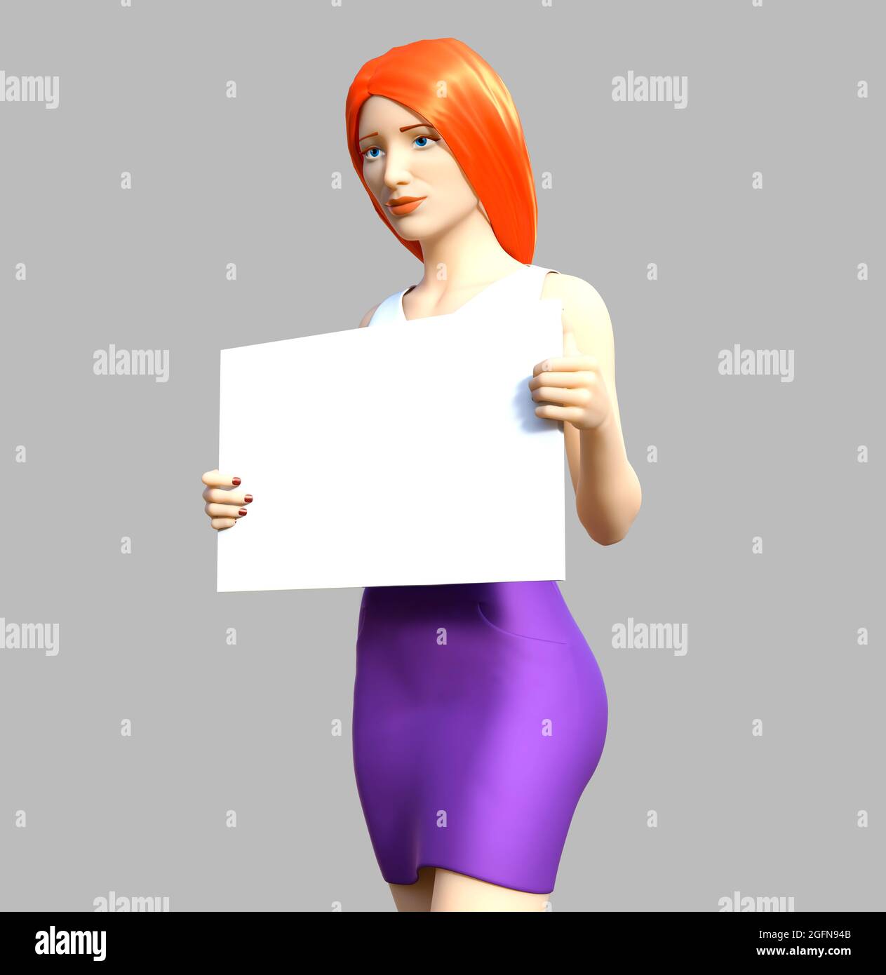Image 3D isolée de rendu d'une adolescente à tête rouge en jupe violette et réservoir blanc sur le dessus debout et tenant le tableau blanc sur fond gris. Banque D'Images
