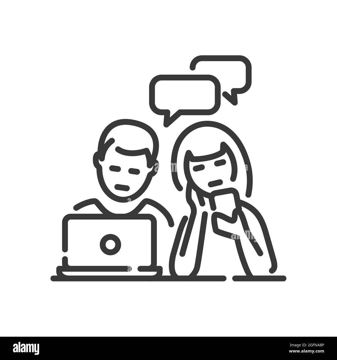 Internet addiction - Vector Line design unique icône isolée sur fond blanc. Pictogramme noir de haute qualité. Homme et femme assis ensemble, en utilisant Illustration de Vecteur