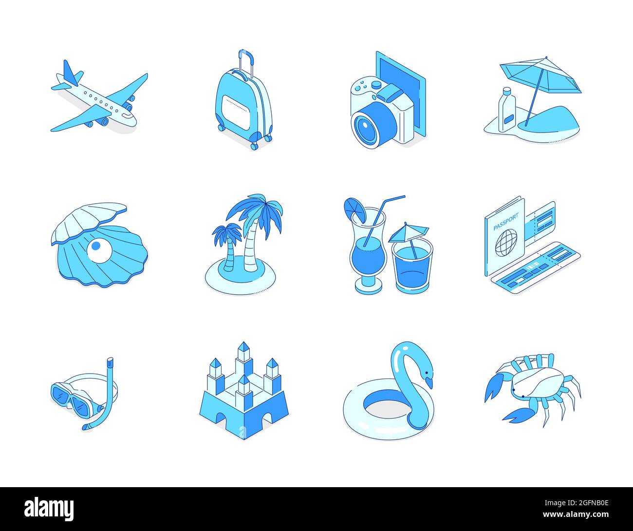 Vacances d'été - moderne ligne design style icônes ensemble. Tout ce dont vous avez besoin pour envoyer dans des pays chauds et passer un excellent moment. Bagages, avion, île, bouée de sauvetage, Illustration de Vecteur