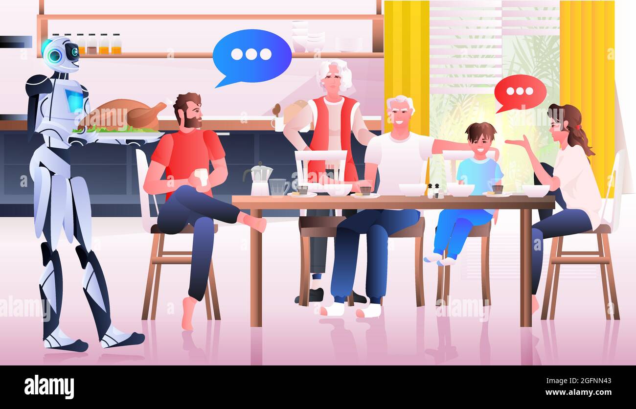 robot femme au foyer cuisiner et servir des repas à la famille technologie de l'intelligence artificielle chat bulle de communication Illustration de Vecteur