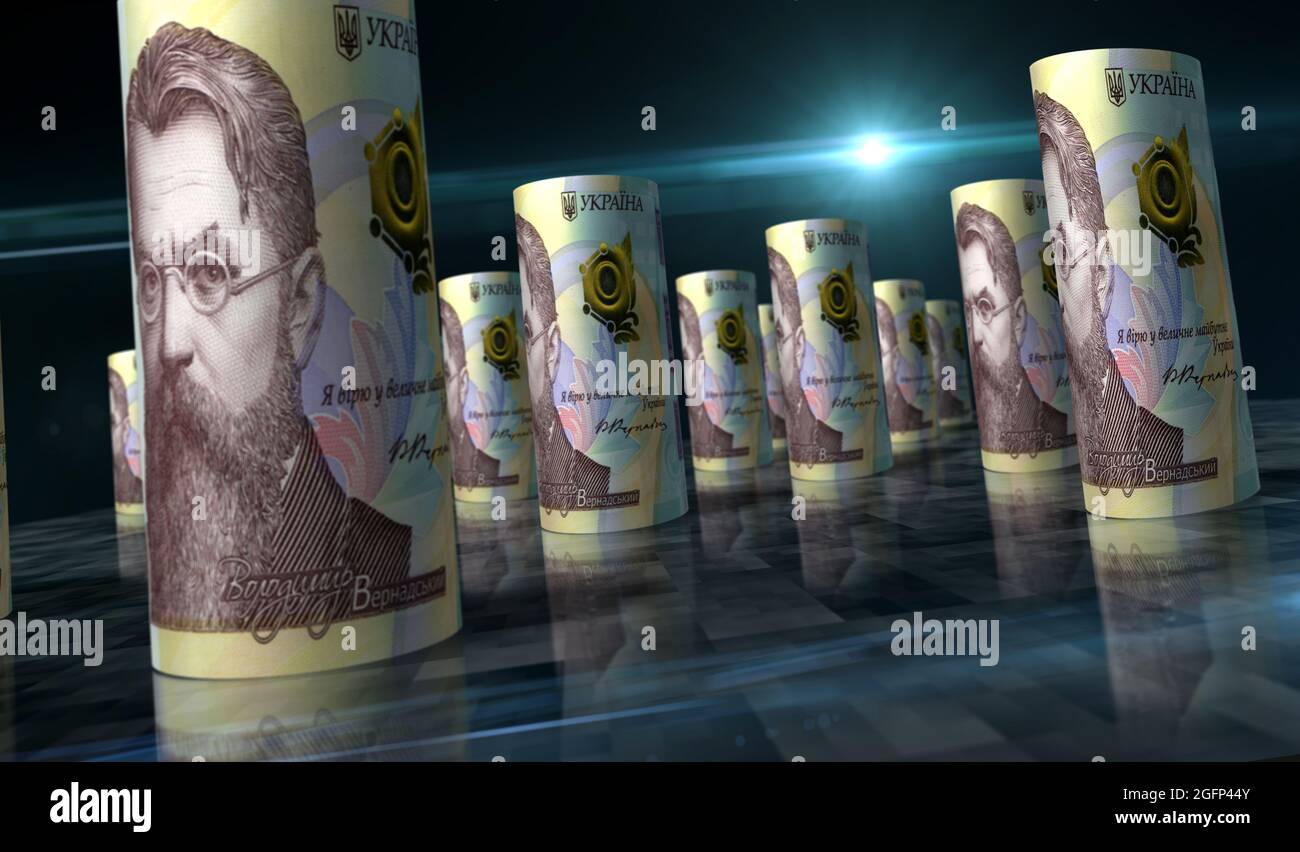 Illustration en 3d du pack d'argent Ukrainian Hryvnia. 1000 piles de billets de banque UAH Hryvna. Concept de finance, de trésorerie, de crise économique, de succès d'affaires, de rece Banque D'Images