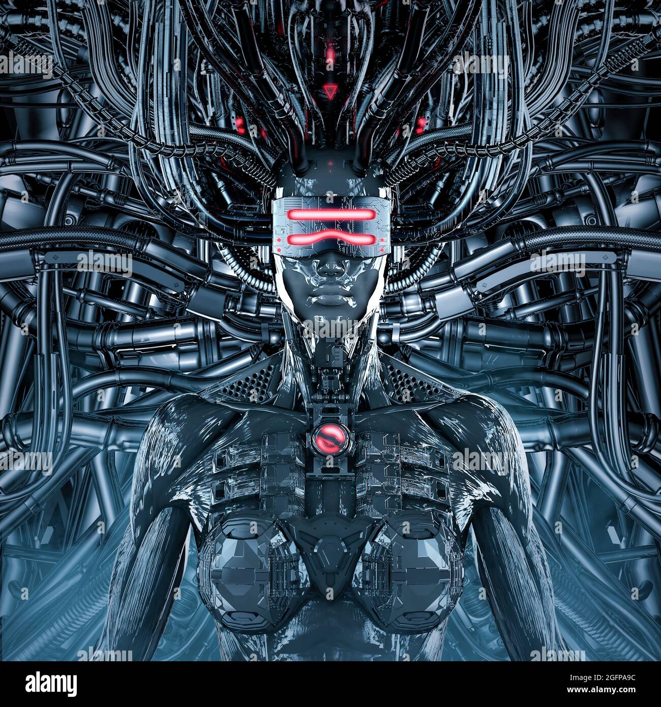 Mistress de la machine - illustration 3D de science-fiction métallique femelle humanoid cyborg à l'intérieur d'un noyau d'ordinateur futuriste Banque D'Images