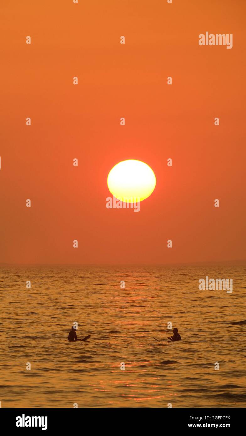 Gower, Swansea, Royaume-Uni. 26 août 2021. Météo au Royaume-Uni : les adorateurs du soleil : les surfeurs apparaissent comme s'ils s'asseyaient à pieds croisés sur un tapis doré, en attendant une vague sous un soleil couchant, lors d'une belle soirée ensoleillée à Llangennith Beach sur la péninsule de Gower. Un week-end de vacances sec et fin est prévu. Credit: Gareth Llewelyn/Alamy Live News Banque D'Images