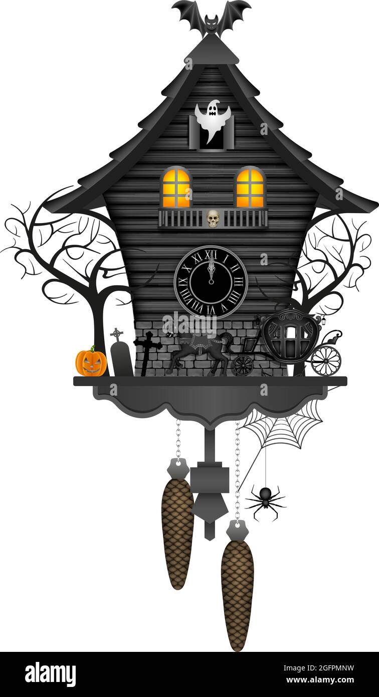 Horloge à coucou d'Halloween avec vieille calèche, citrouille, arbres, chauve-souris et fantôme Illustration de Vecteur