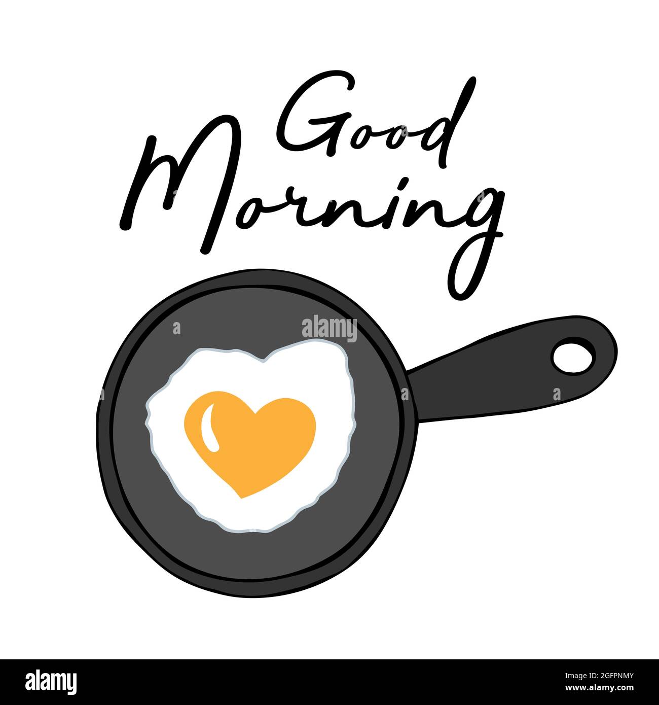Concept Bonjour. Illustration du petit déjeuner sucré Vector. Poêle à frire tirée à la main avec œufs brouillés. Jaune d'œuf en forme de cœur Illustration de Vecteur