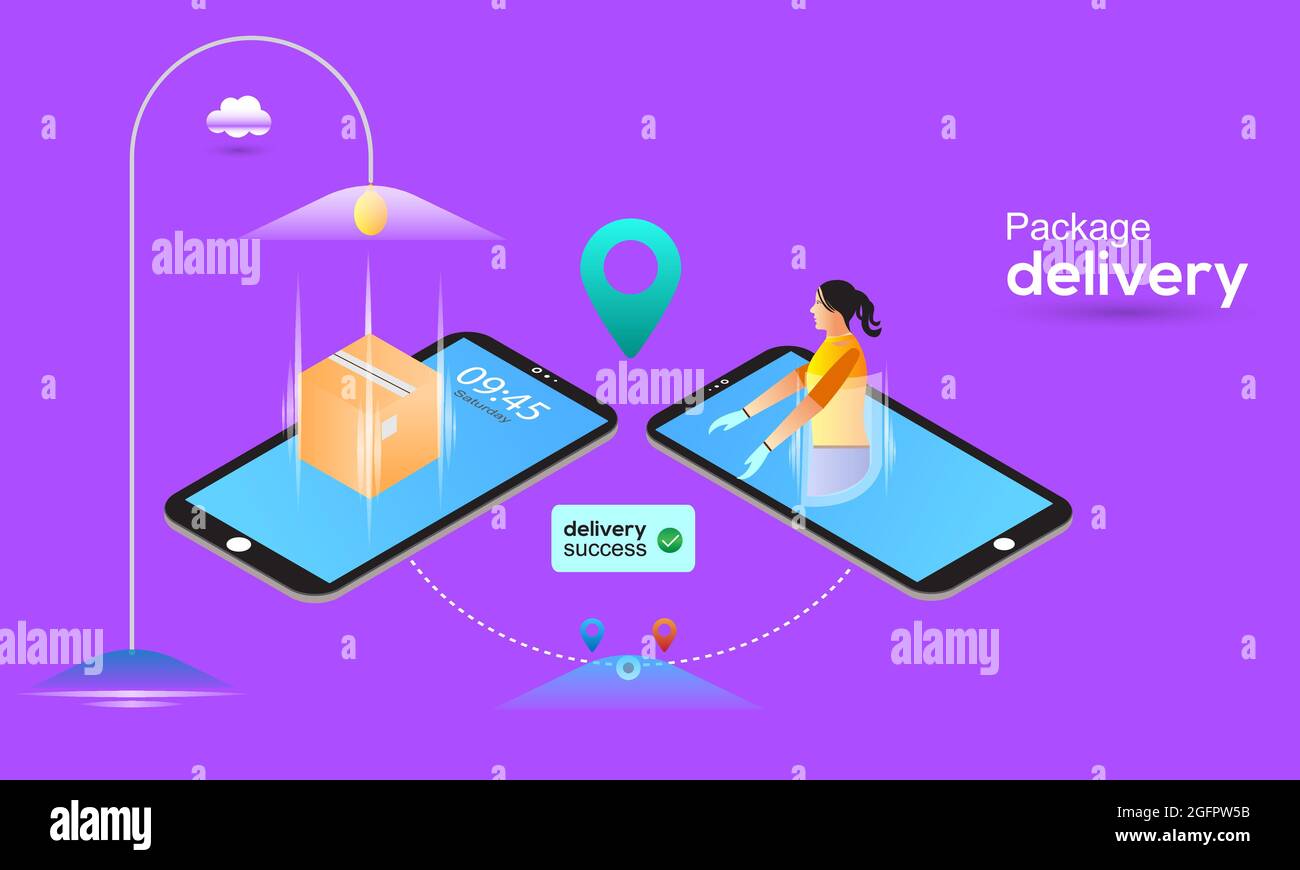 Offre de livraison en ligne rapide sur smartphone. Les femmes de livraison sont prêtes à envoyer une boîte de livraison. Éclairage de la réussite du commerce électronique Illustration de Vecteur