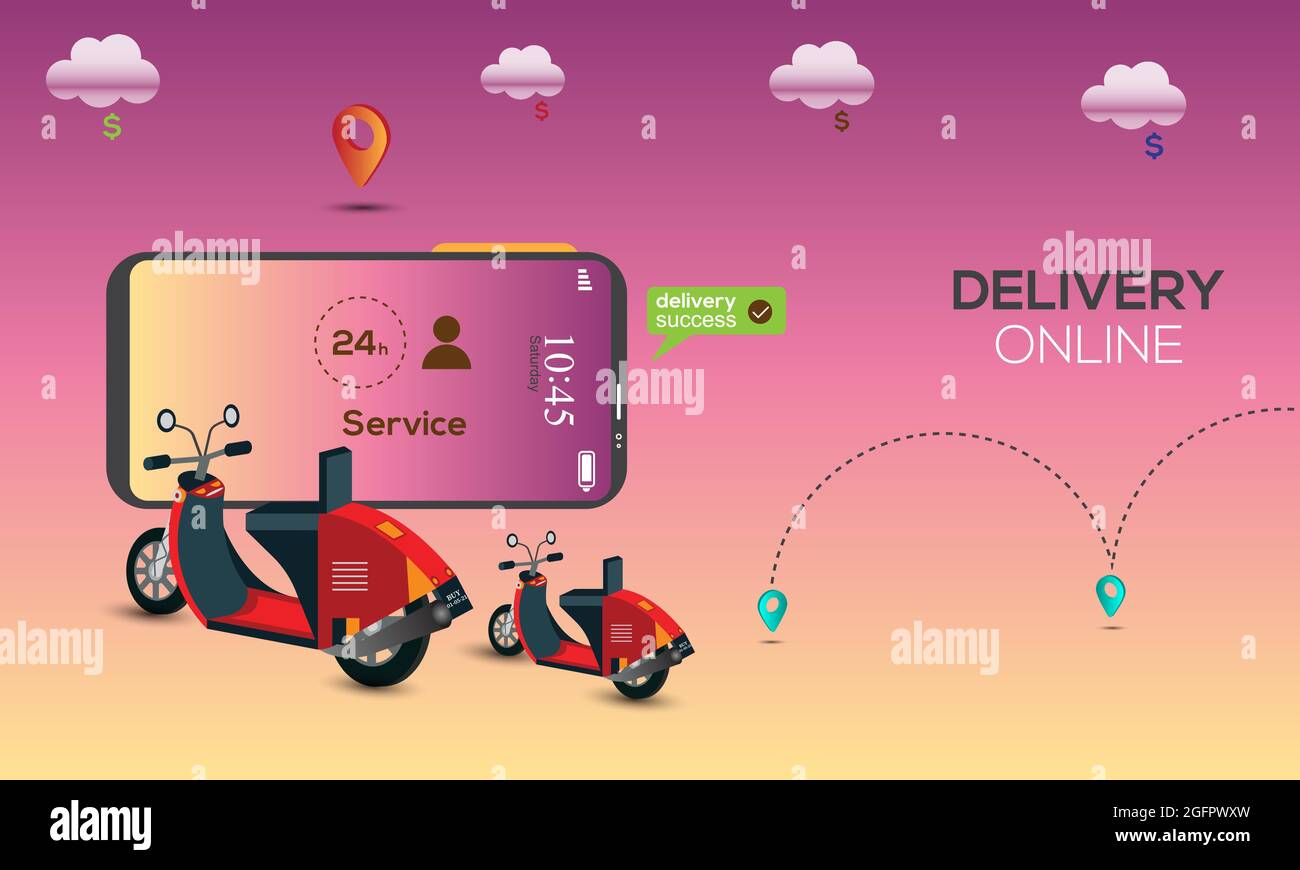 Service de livraison en ligne par scooter sur téléphone mobile. Succès du commerce électronique, point de suivi de l'emplacement, boîte alimentaire. Concept de livraison Illustration de Vecteur