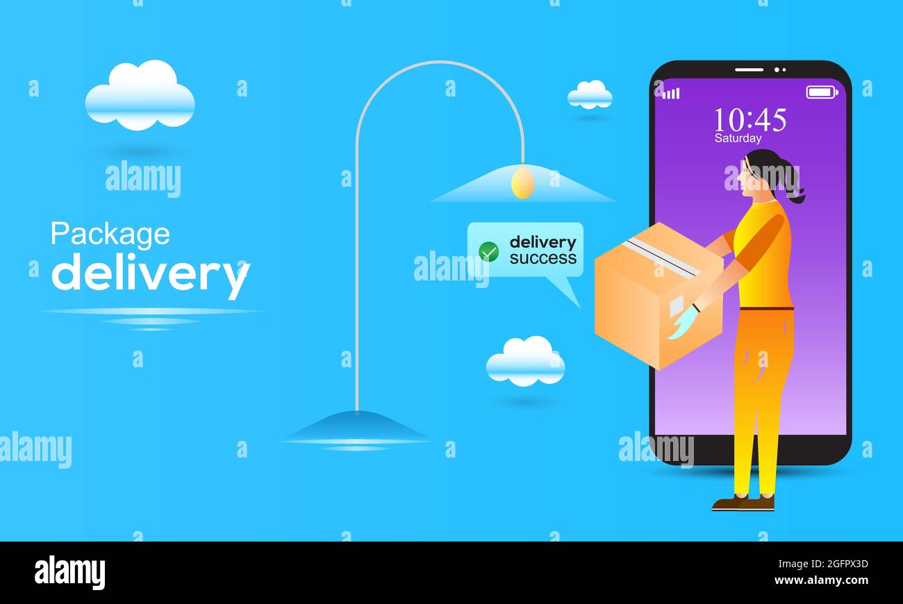 Livraison sur smartphone. Les femmes de livraison sont prêtes à envoyer une boîte de livraison. Éclairage de la réussite du commerce électronique Illustration de Vecteur