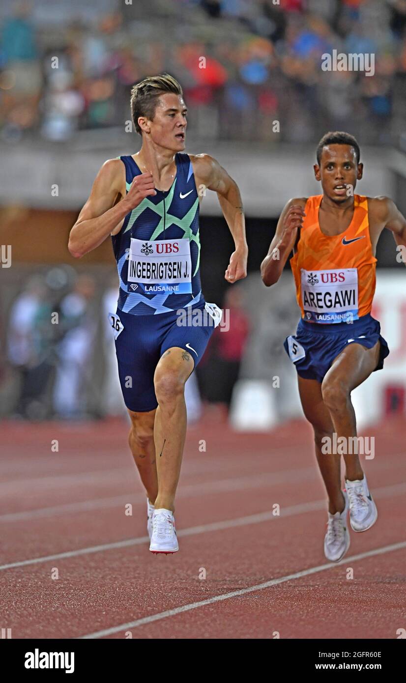 Jakob Ingebrigtsen (NOR) bat Berihu Aregawi (ETH) pour gagner le 3000m en 7:33.06 lors de la rencontre Athletissima Stade Olympique de la Pontaise, jeu Banque D'Images