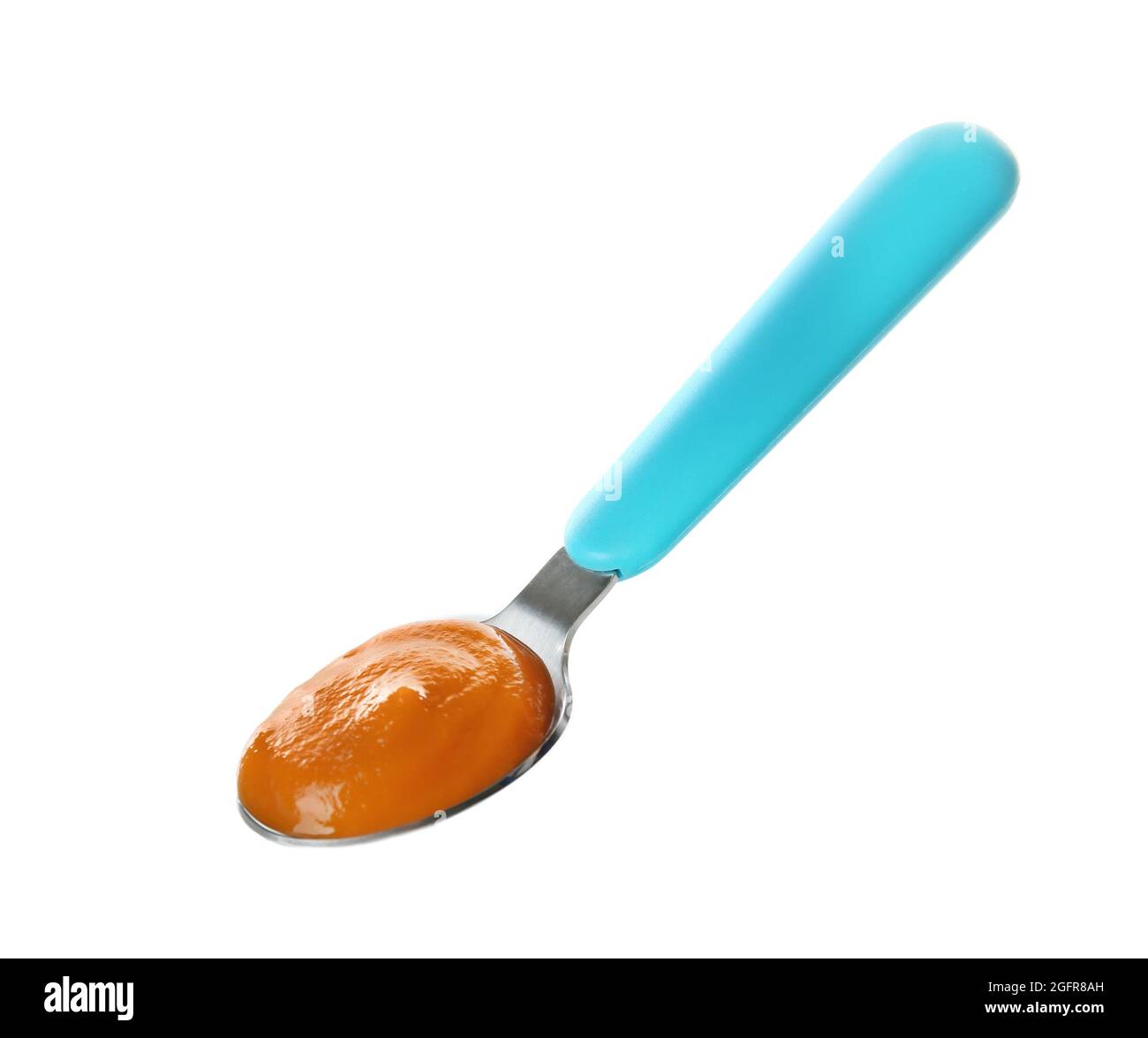 Cuillere Lumineux Avec Puree De Bebe Sur Fond Blanc Photo Stock Alamy