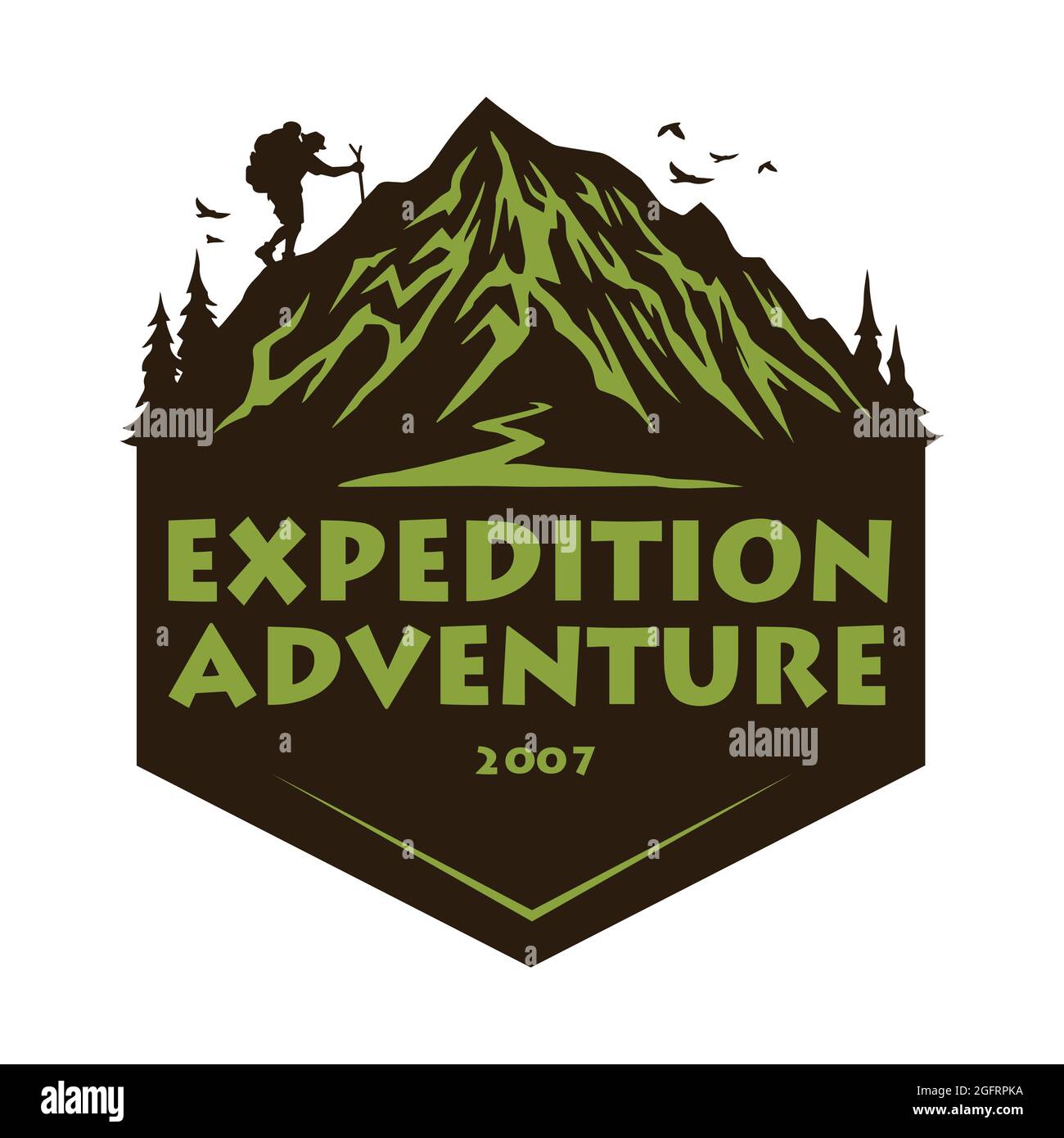 Logo pour Mountain rando escalade Adventure, emblèmes et insignes. Modèle d'éléments de conception d'illustrations vectorielles Camp in Forest Illustration de Vecteur
