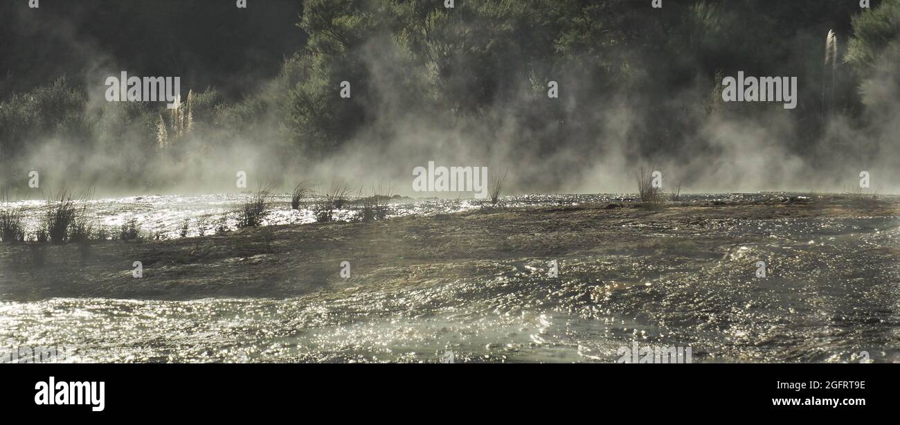 Vapeur et rivière sur des rochers chauds au parc géothermique d'Orakei Korako, Taupo, Nouvelle-Zélande Banque D'Images