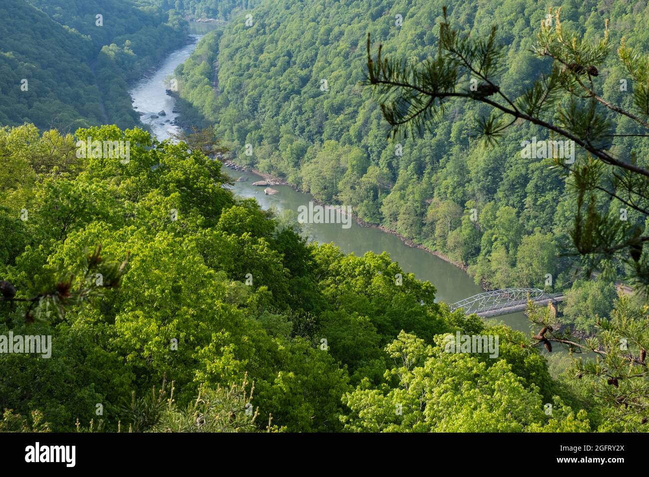 Parc national de New River gorge, Virginie-Occidentale. Vieux pont au-dessus de la nouvelle rivière avant la construction du pont de la gorge de la nouvelle rivière. Banque D'Images