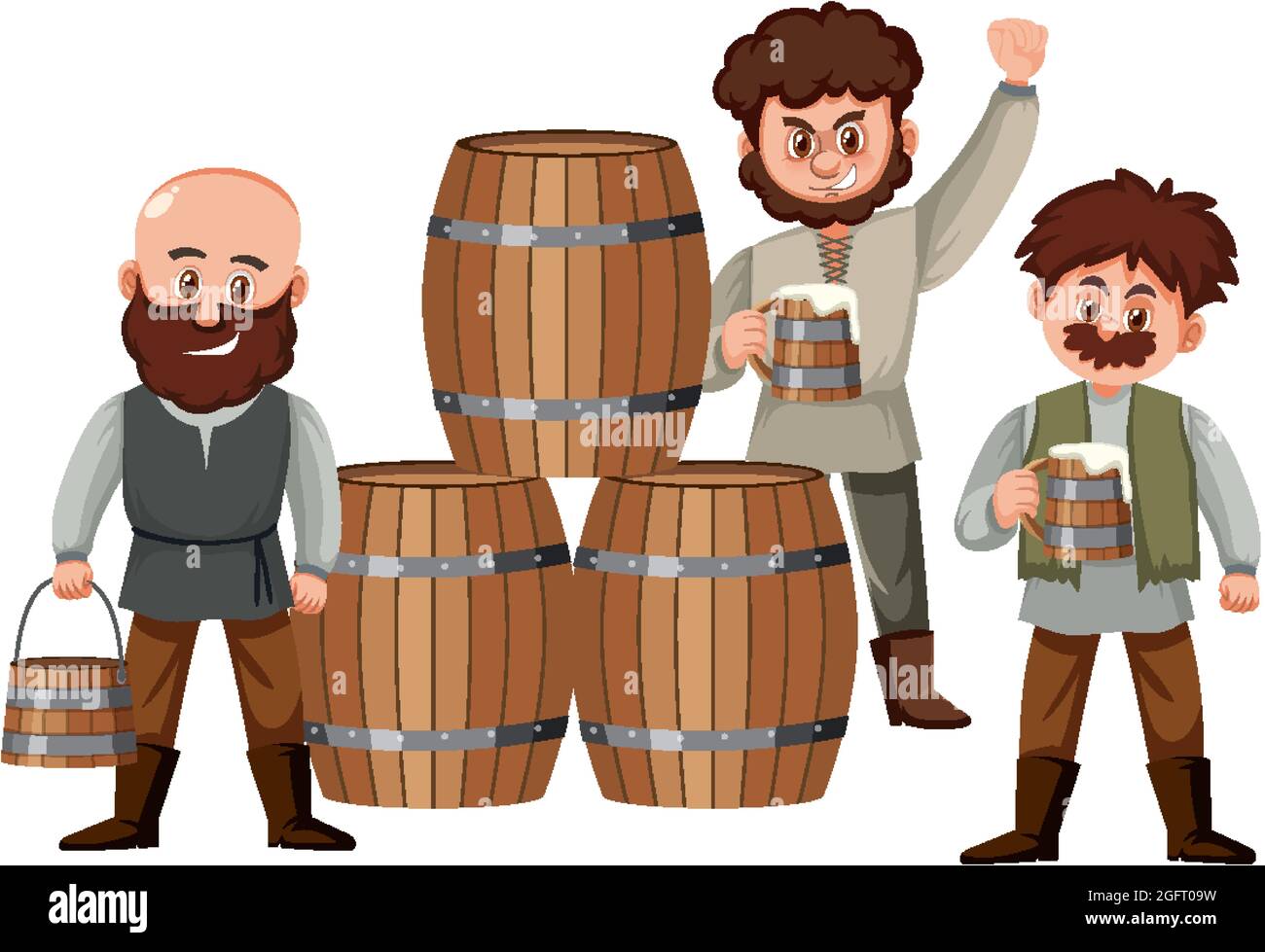 Les villageois médiévaux boivent de la bière avec des canons en bois Illustration de Vecteur