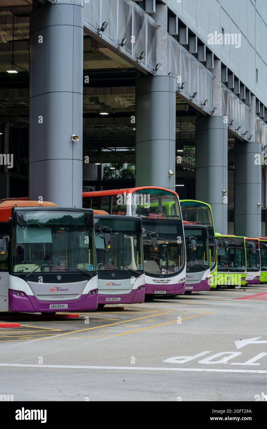 SINGAPOR, SINGAPOUR - 24 août 2021 : bus stationnés à l'échangeur de bus Ang Mo Kio, Singapour Banque D'Images