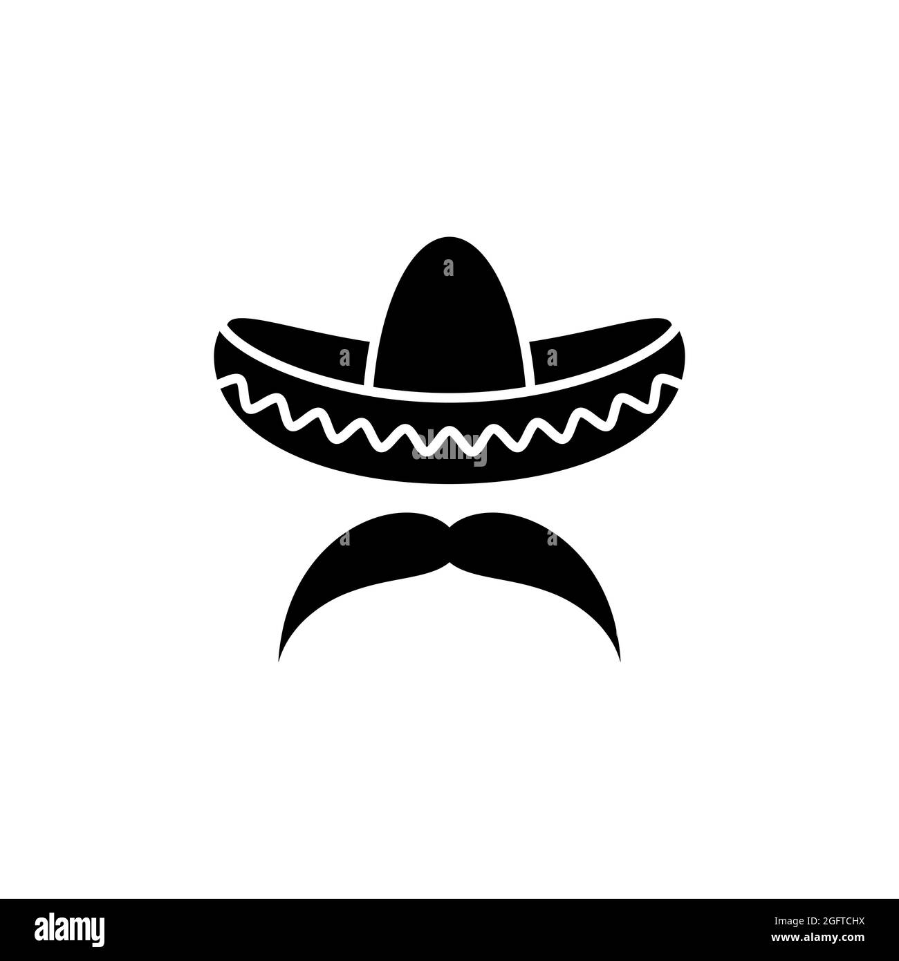 Sombrero, chapeau mexicain avec moustache icône noire. Logo plat isolé sur blanc. Illustration vectorielle. Symbole Cinco de Mayo. Symbole du Mexique. Illustration de Vecteur