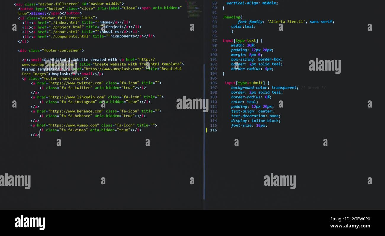 développeur python, java script, html, css code source à l'écran. script d'écriture du développeur logiciel. codage de programme. code d'édition du programmeur Banque D'Images