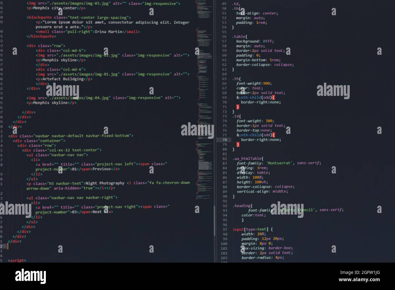 développeur python, java script, html, css code source à l'écran. script d'écriture du développeur logiciel. codage de programme. code d'édition du programmeur Banque D'Images