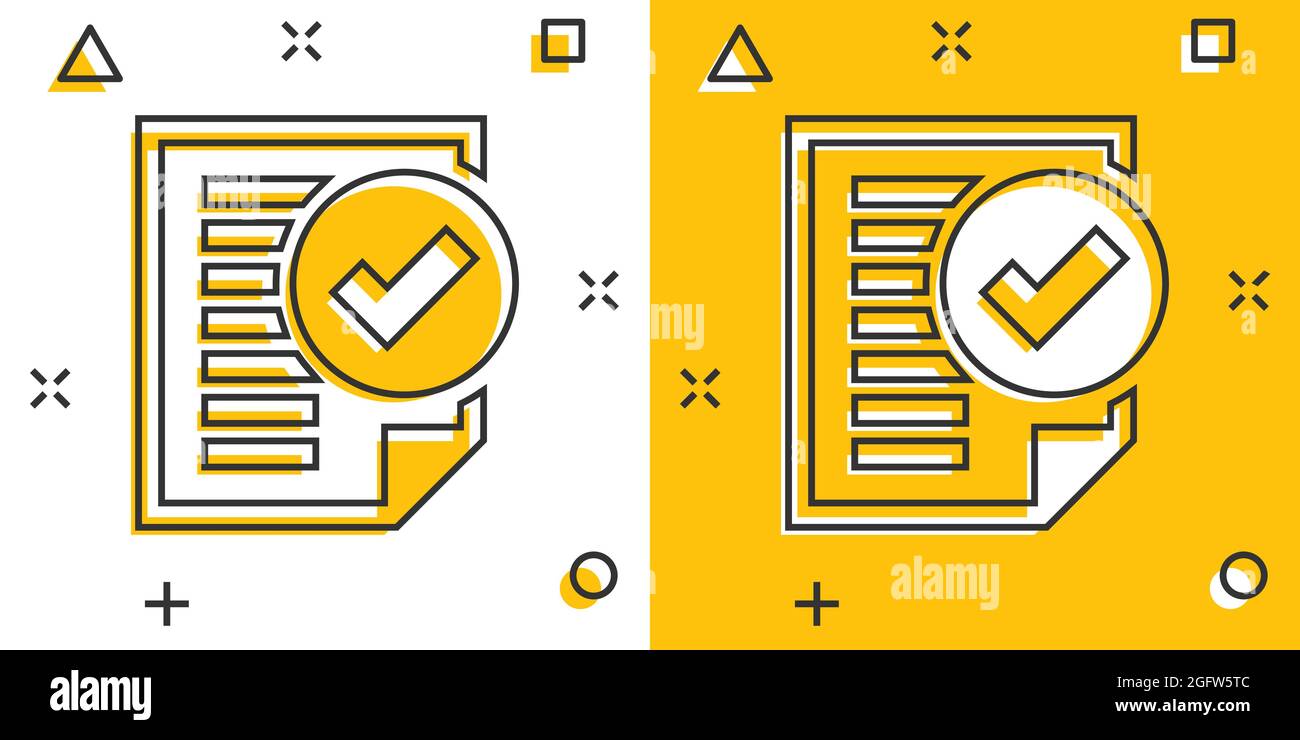 Icône de document de conformité dans le style comique. Cartoon vector illustration processus approuvé sur blanc fond isolé. Business case splash concept Illustration de Vecteur