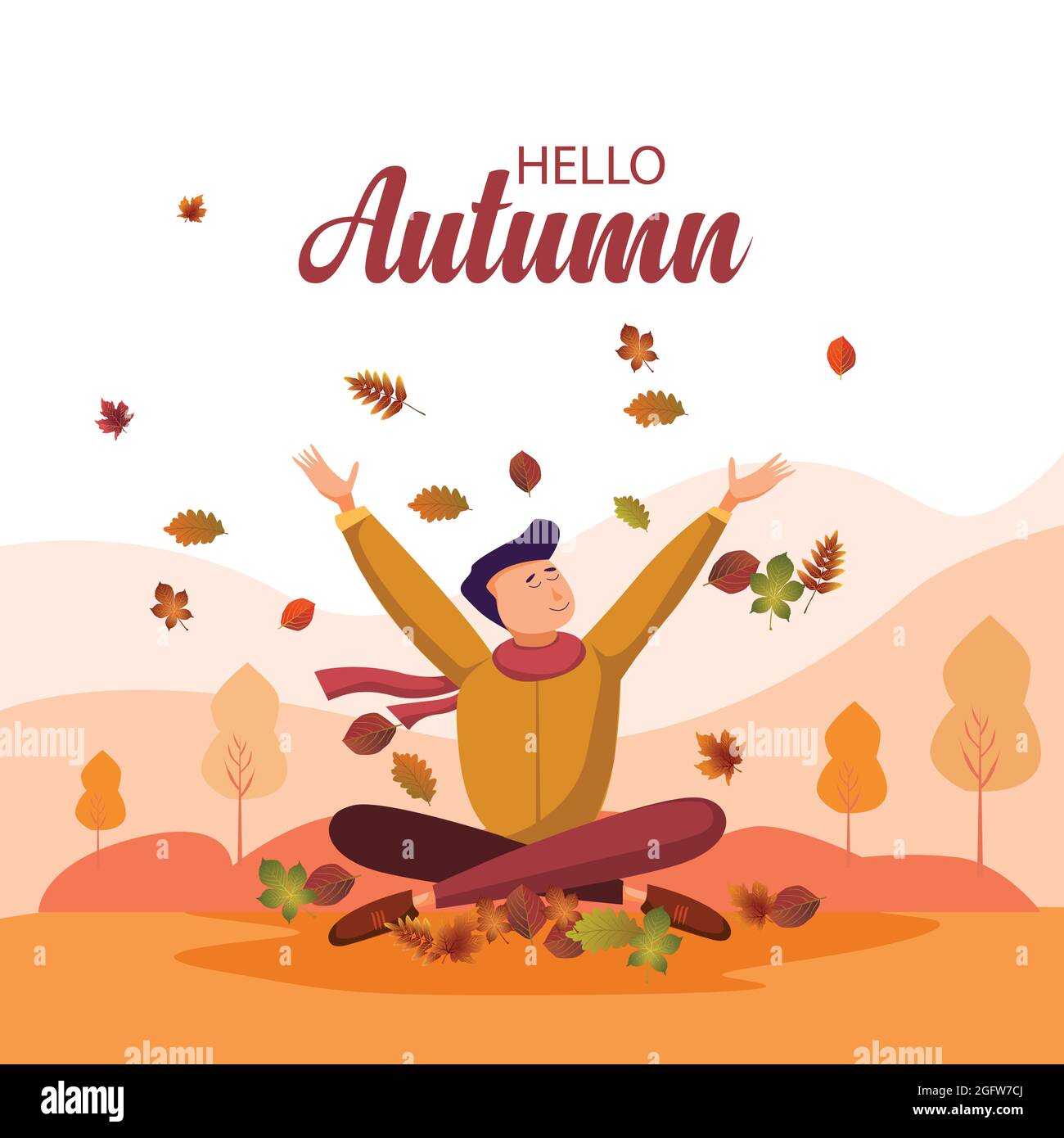 jeune garçon avec des feuilles d'automne. bonjour illustration d'automne. il jette des feuilles d'automne Illustration de Vecteur