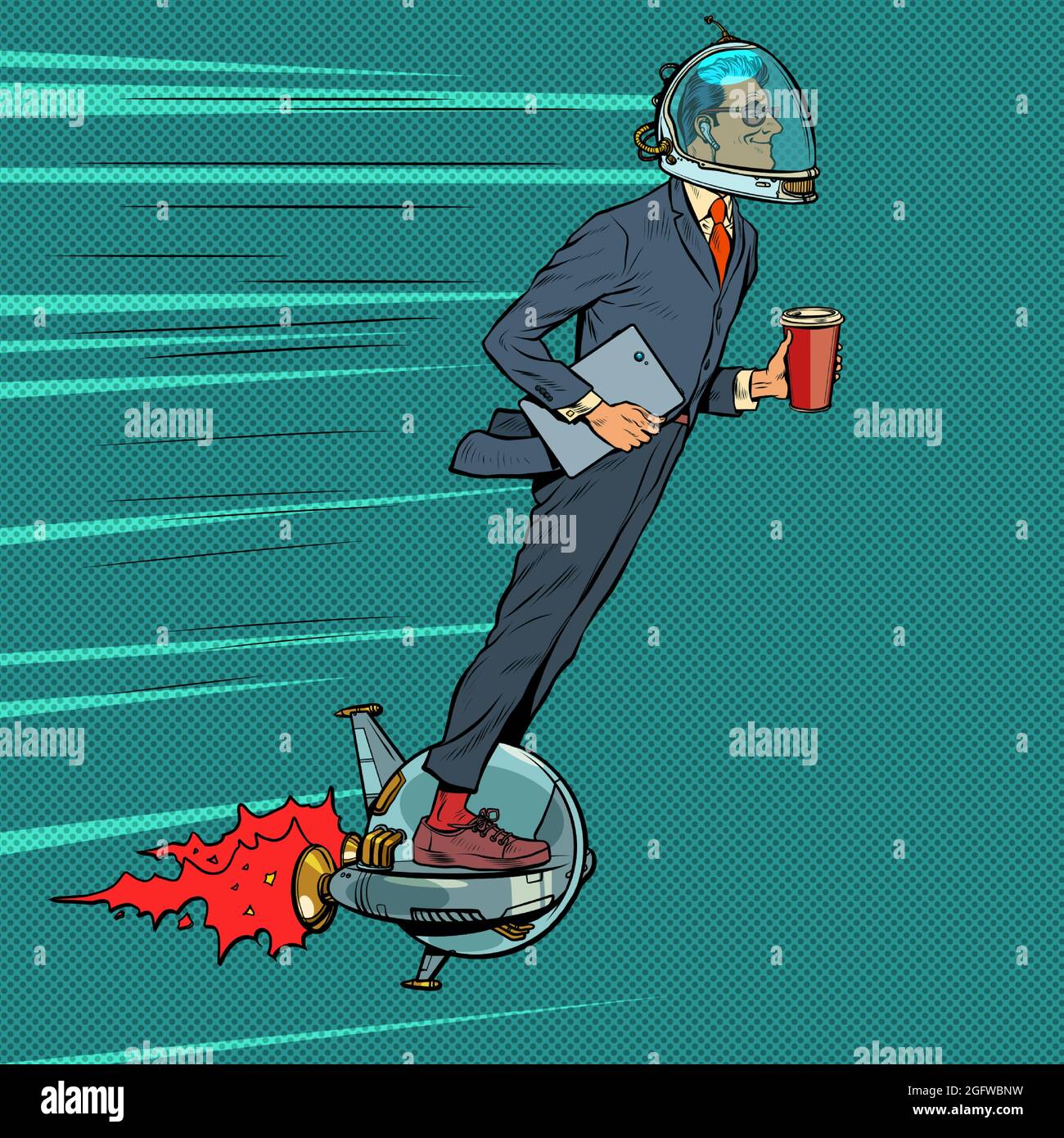 Un astronaute d'homme d'affaires futuriste vole sur un monocycle électrique, un homme boit le café du matin Illustration de Vecteur
