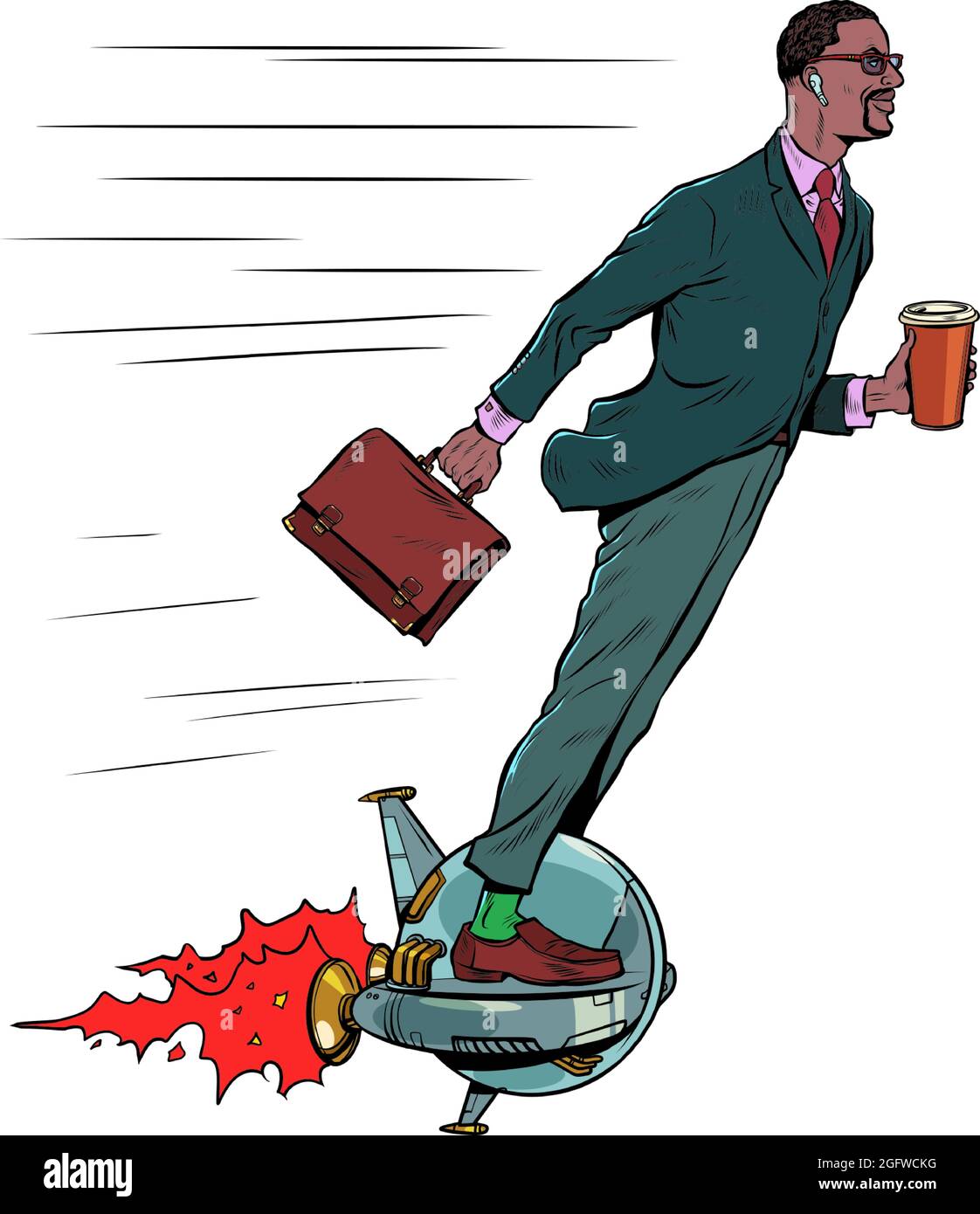 Un homme d'affaires noir futuriste se promoit dans un monocycle électrique, un homme boit le café du matin. Isoler sur un fond blanc Illustration de Vecteur