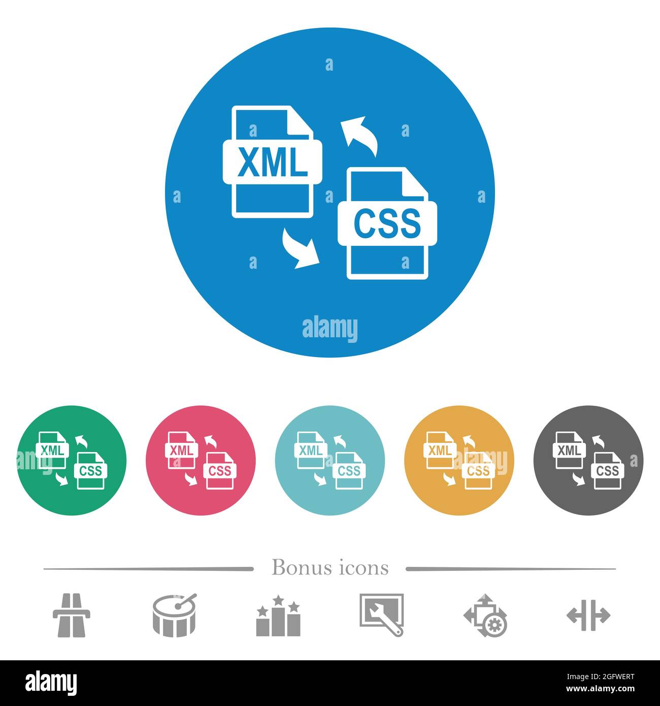 Conversion de fichiers CSS XML icônes blanches plates sur des arrière-plans de couleur ronde. 6 icônes bonus incluses. Illustration de Vecteur