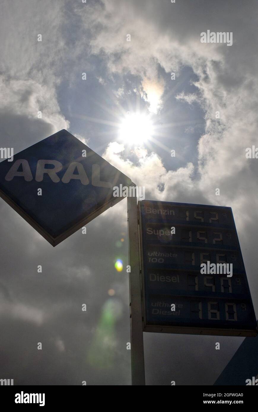 Panneau DE station-service ARAL dans Backlight, Allemagne Banque D'Images
