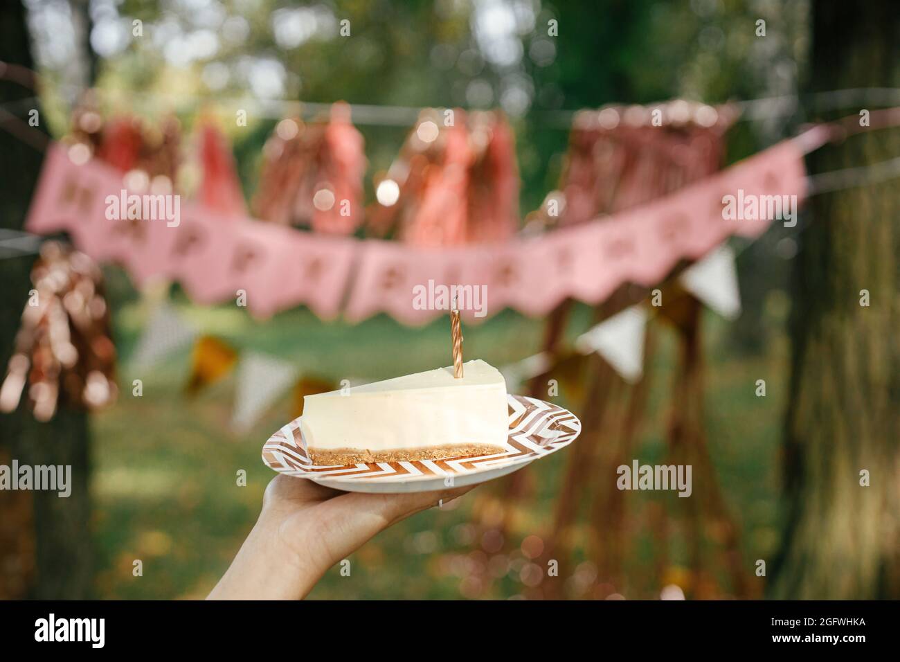 Gateau D Anniversaire Moderne Avec Bougie Dans La Main De Femme Sur Fond De Guirlande D Anniversaire Rose Heureux Dans Le Parc Fetez Votre Anniversaire Lors D Une Soiree Pique Nique Photo Stock Alamy