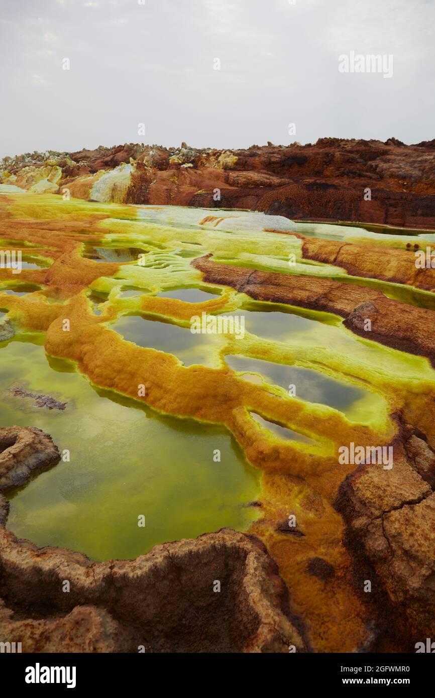Champs de soufre à la base du volcan Dallol, Éthiopie. Connu comme l'endroit le plus chaud sur terre en fonction des températures moyennes Banque D'Images