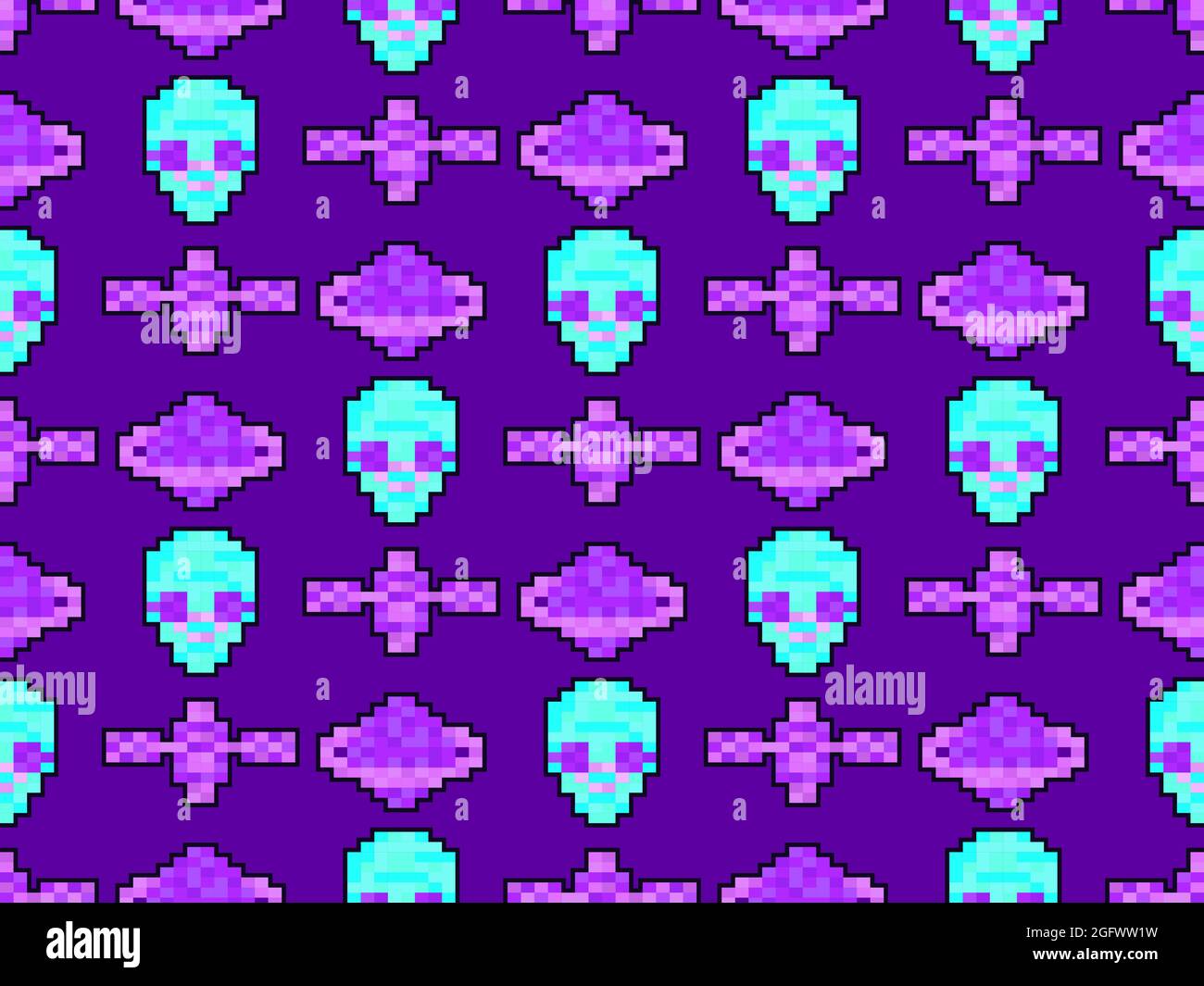 Motif fluide sur un thème d'espace avec graphiques 8 bits dans le style des jeux vidéo des années 90. Pixel satellite, Alien et saturne. Conception pour l'impression Illustration de Vecteur