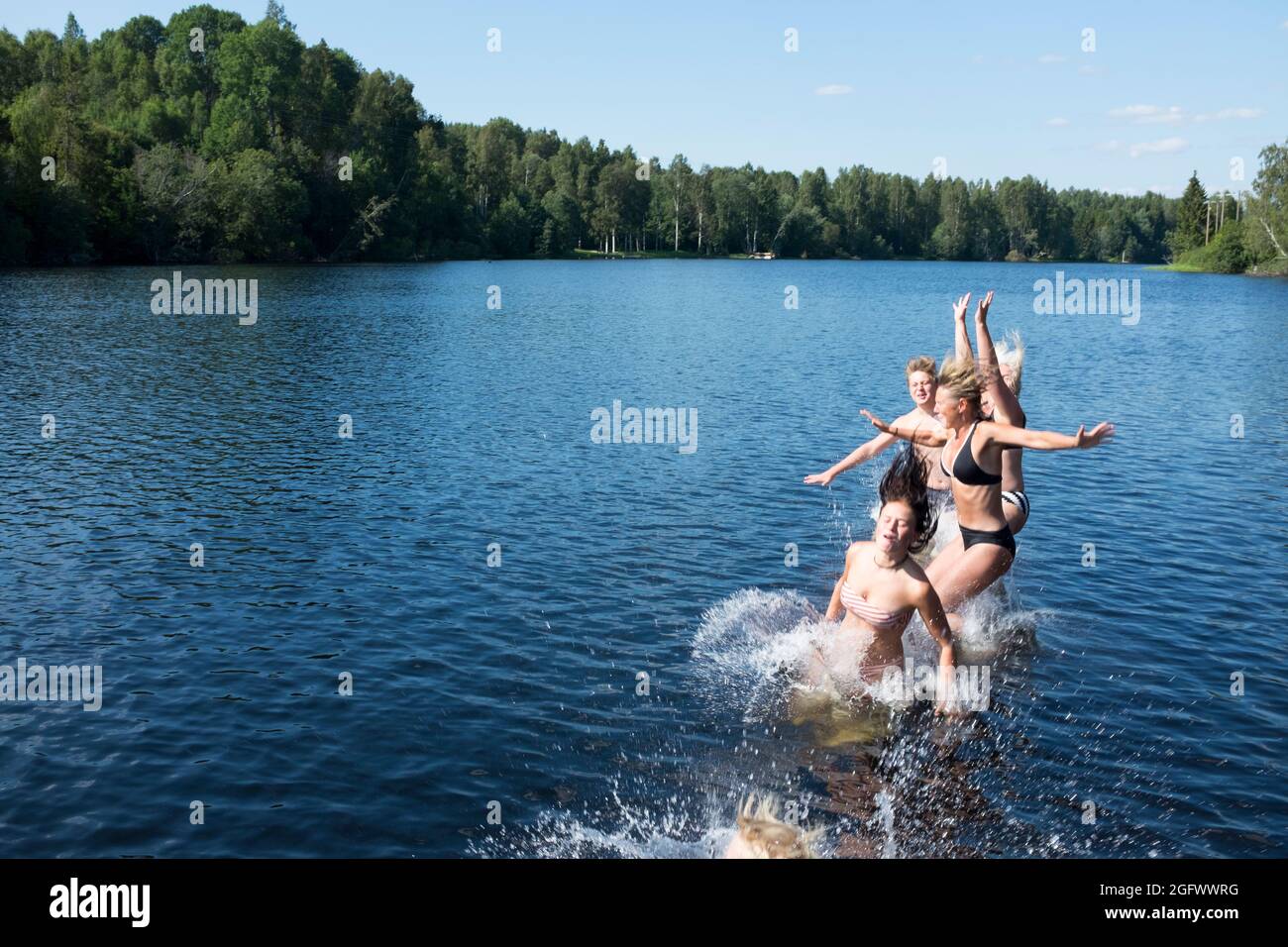 Jeunes amis qui sautent dans le lac Banque D'Images