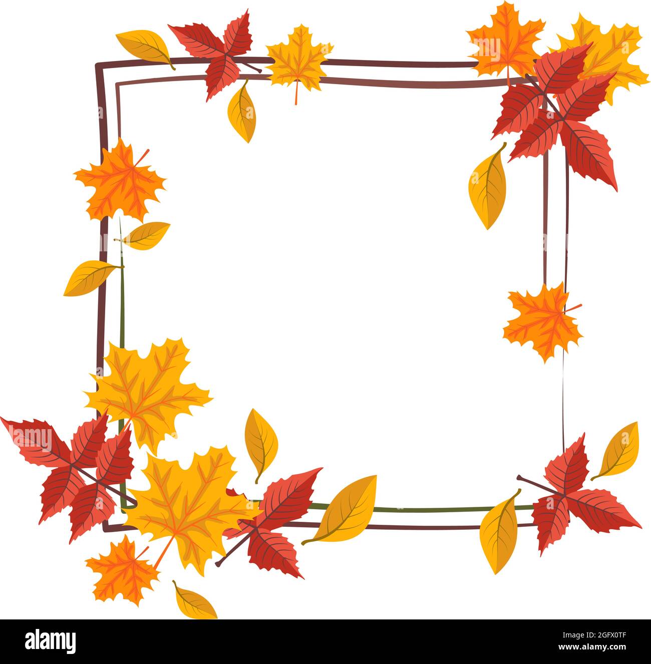 Cadre carré avec feuilles d'érable orange et jaune. Couronne d'automne lumineuse avec cadeaux de la nature et branches avec espace vide pour le texte Illustration de Vecteur