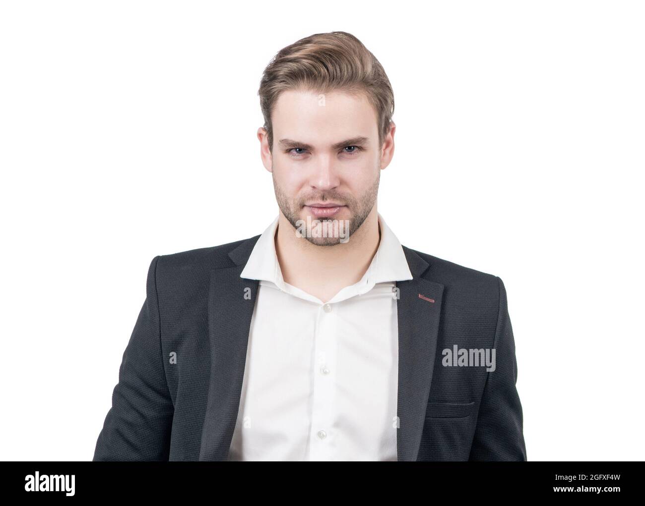 Portrait de sérieux jeune homme professionnel en tenue d'affaires formelle isolé sur blanc, Guy Banque D'Images