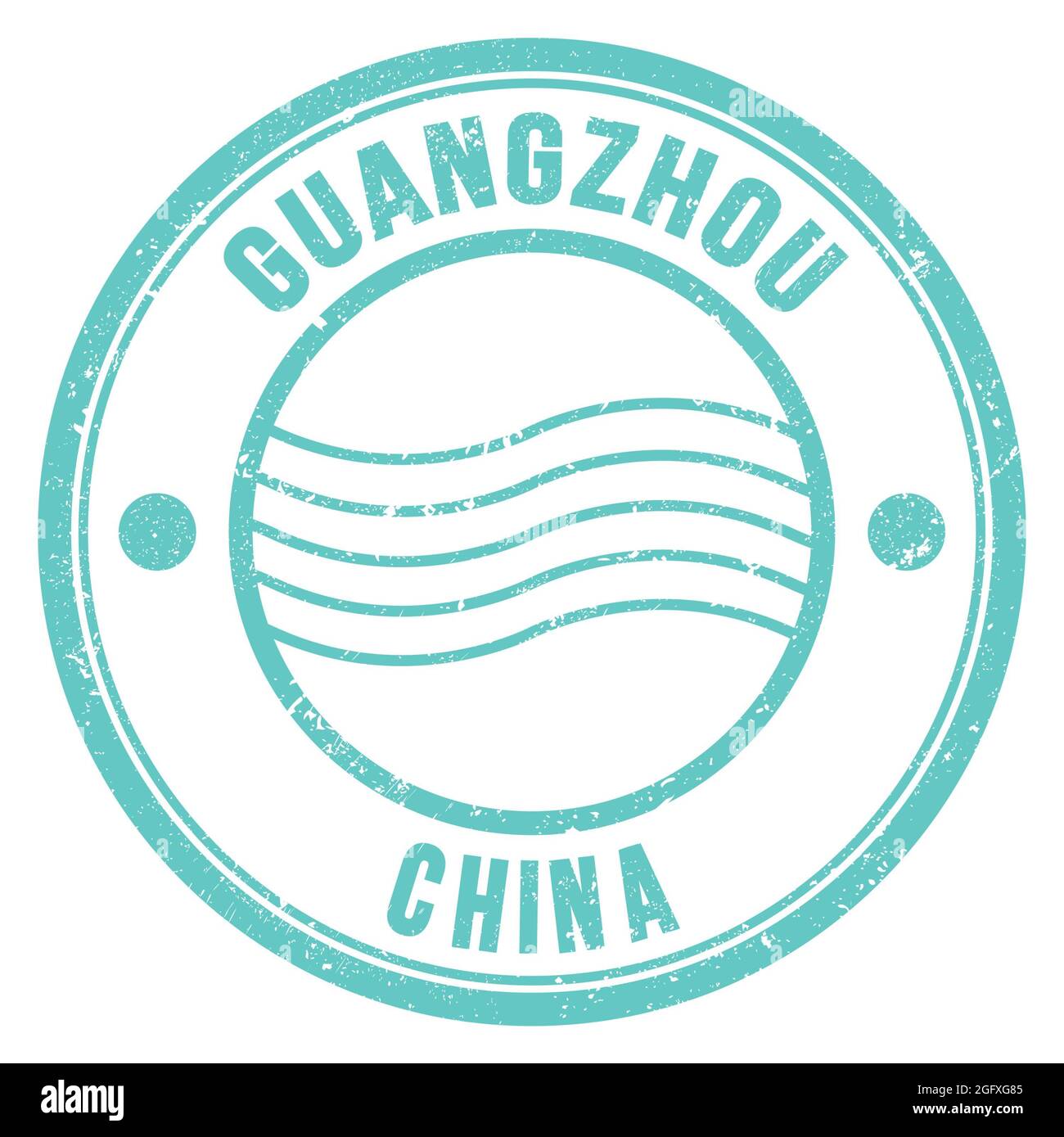 GUANGZHOU - CHINE, mots écrits sur un timbre postal rond turquoise Banque D'Images