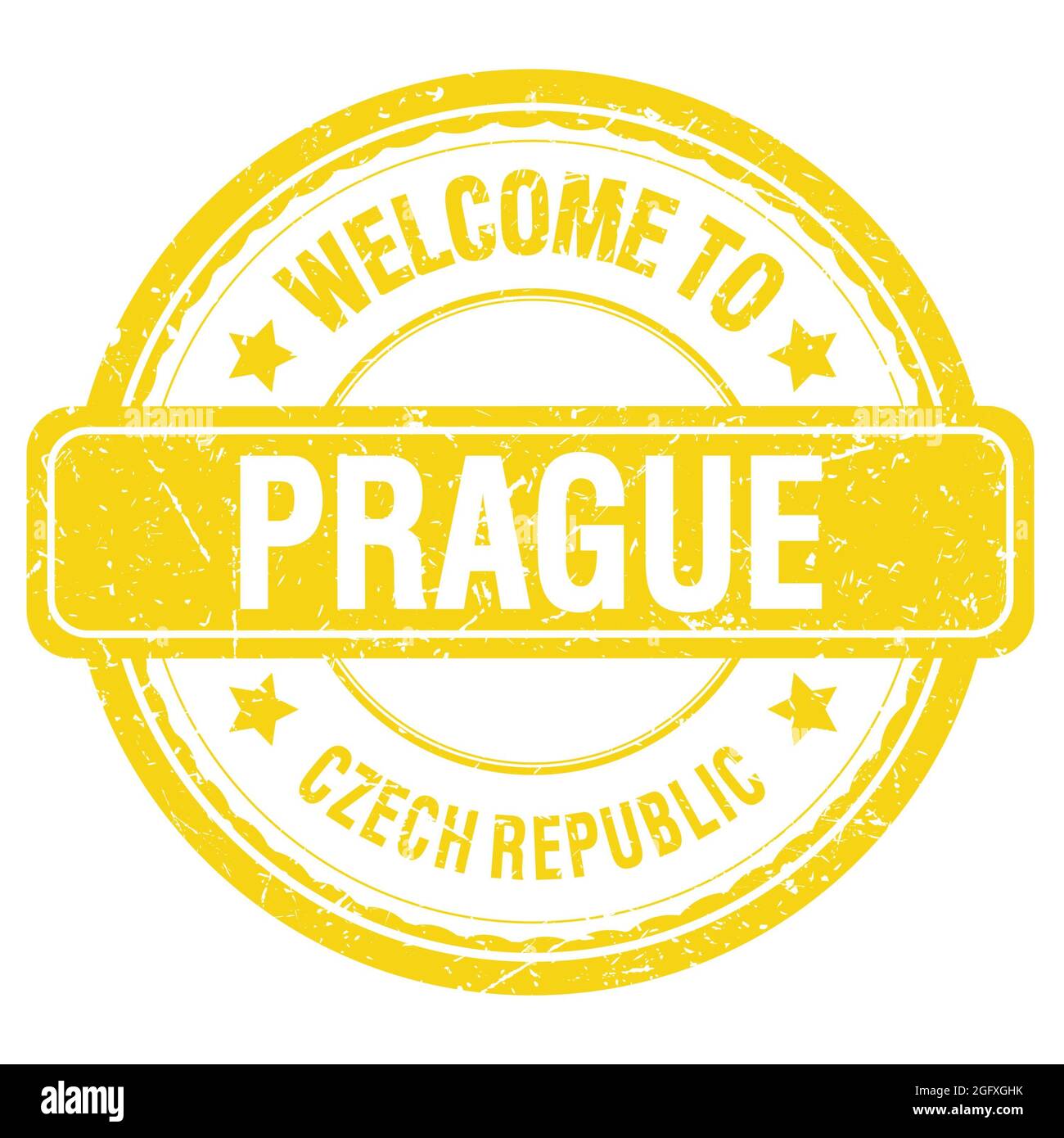 BIENVENUE À PRAGUE - RÉPUBLIQUE TCHÈQUE, mots écrits sur timbre jaune grungy Banque D'Images