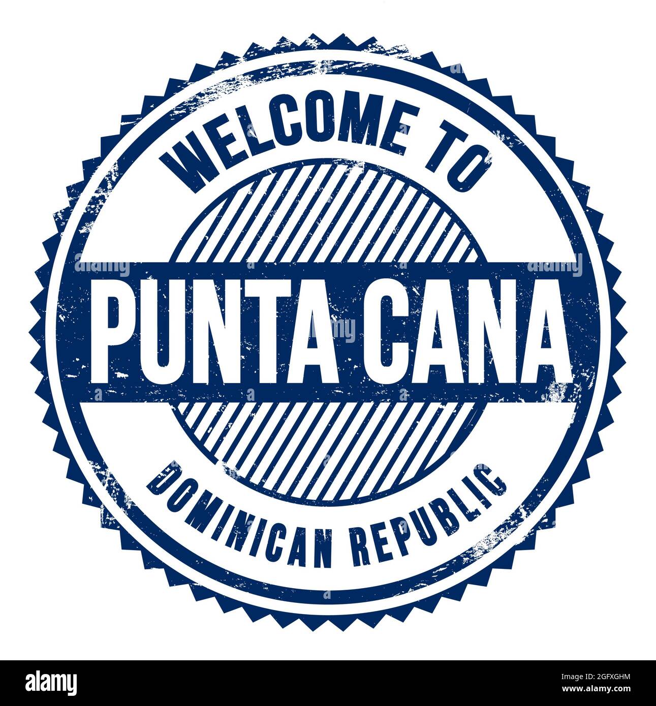 BIENVENUE À PUNTA CANA - RÉPUBLIQUE DOMINICAINE, mots écrits sur le timbre bleu en zigzag Banque D'Images