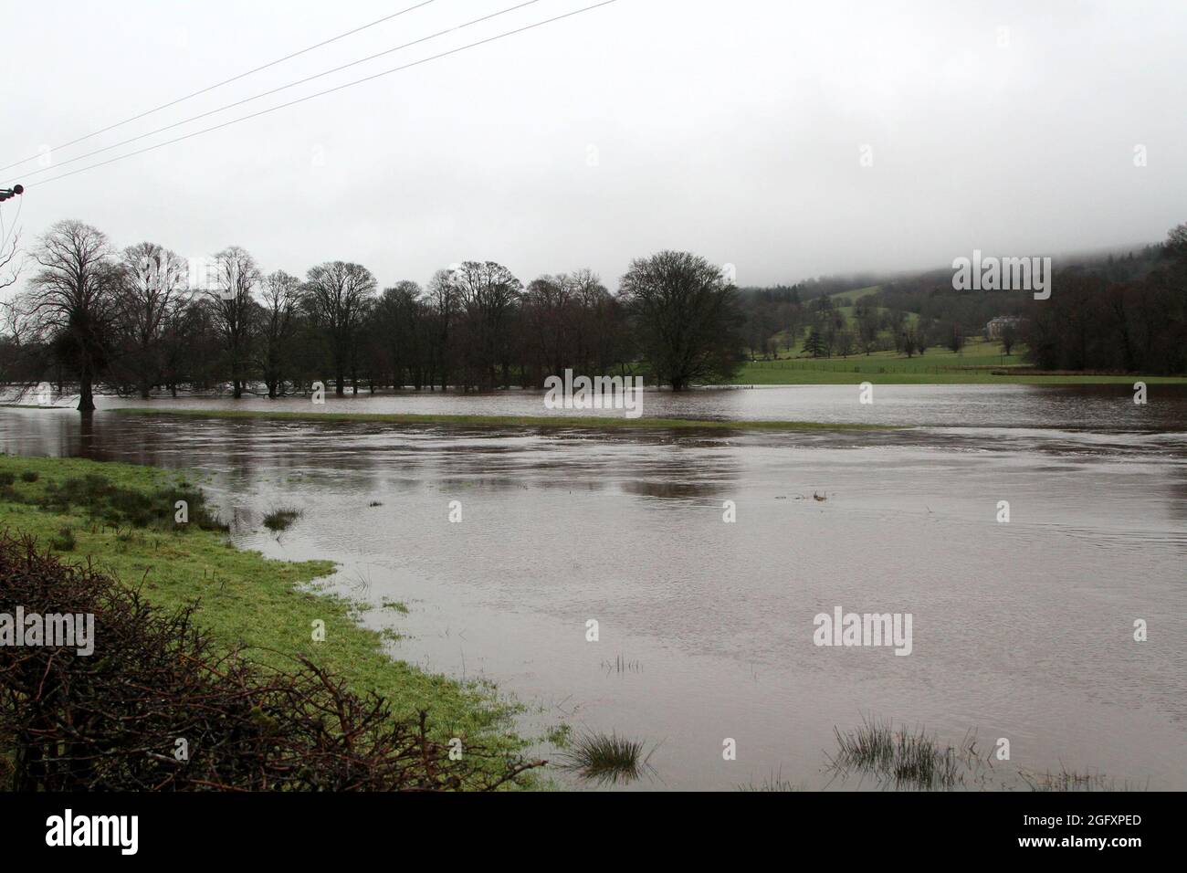 Heavy Rain dans le district de South Ayrshire Carrick ferme les routes de Crosshill & Dailly Water de Girvan éclate ses berges, provoquant des inondations autour du village de Dailly et fermant deux des trois routes dans le village. Les enfants de Dailly Primary ont dû aller via Girvan pour se rendre à la pantomine au théâtre Gaiety à Ayr. Le panto a commencé tard pour permettre aux enfants d'arriver et de voir le spectacle pic montre des inondations autour de la B741 au nord du village sur le domaine de Kilkerran Banque D'Images