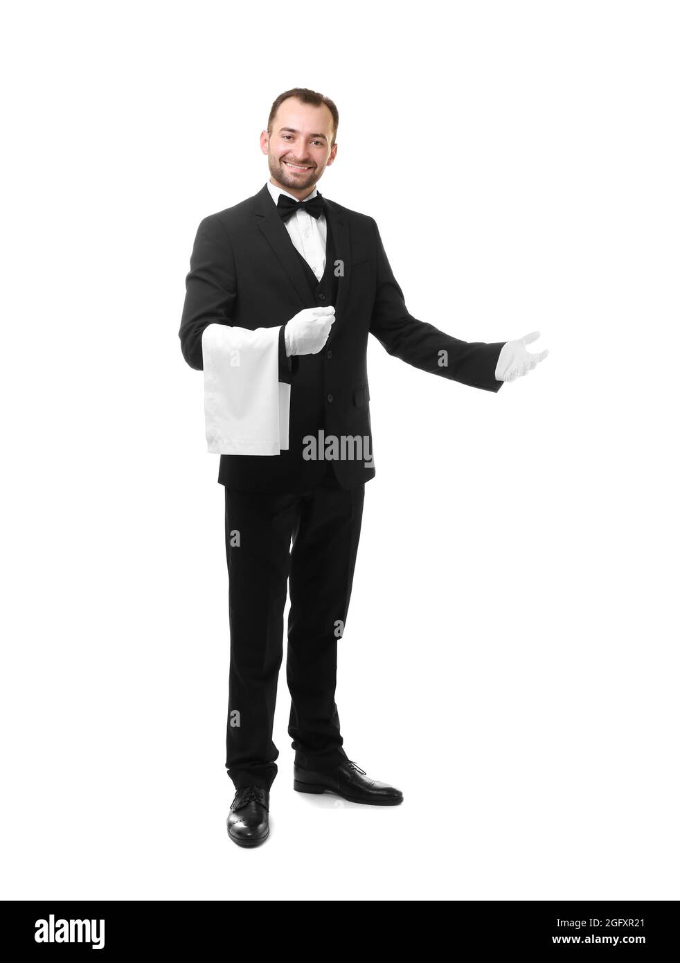 Un serveur avec serviette sur fond blanc Photo Stock - Alamy
