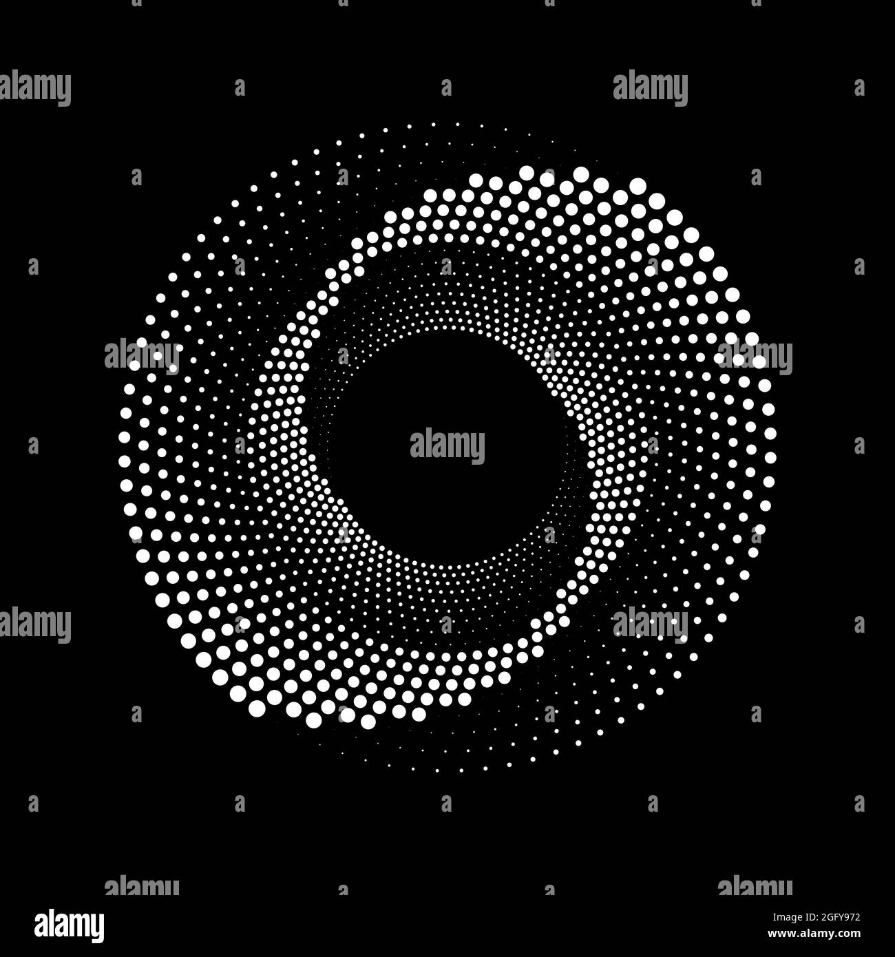Lignes pointillées blanches en forme de spirale abstraite. Élément de conception demi-ton pour cadre de bordure, logo rond, tatouage d'occultation, signe, symbole, pages web, imprime Illustration de Vecteur