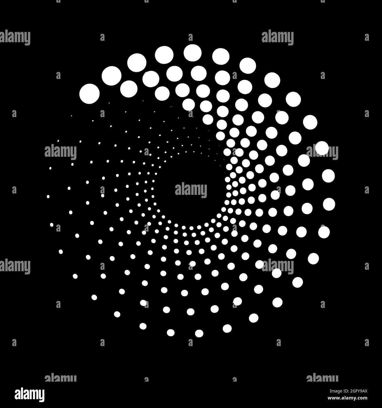 Points demi-tons blancs en forme de spirale. Élément de conception demi-ton pour cadre de bordure, logo rond, tatouage d'occultation, signe, symbole, pages web, impressions, modèle Illustration de Vecteur